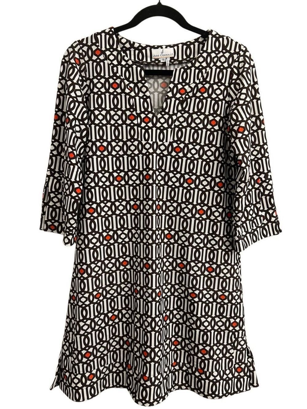 Jude Connally Megan Tunic Dress sz Small Brown White Geometric Stretchy made in